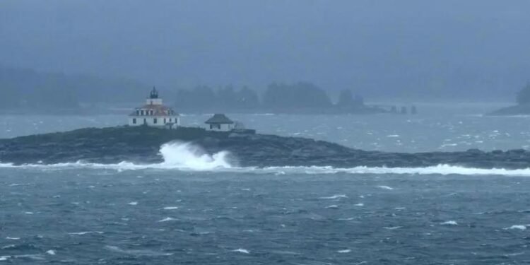 Waves crash on Egg Rock off the coast of Acadia National Park during severe weather on Saturday near Bar Harbor, Maine