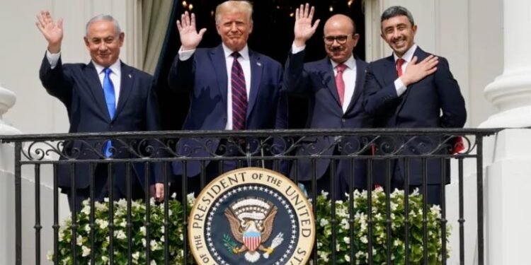 From left, Israeli PM Benjamin Netanyahu, US President Donald Trump, Bahrain Foreign Minister Khalid bin Ahmed Al Khalifa and UAE Foreign Minister Abdullah bin Zayed Al Nahyan on the Blue Room Balcony during the Abraham Accords signing ceremony on the South Lawn of the White House, September 15, 2020, in Washington, DC