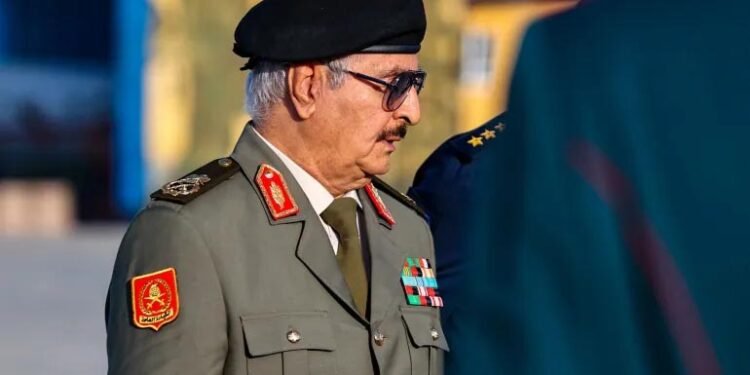 Libyan renegade general Khalifa Haftar during a reception ceremony upon arrival at a Moscow military airfield on September 26, 2023 [AFP]