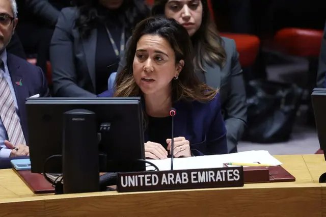 The United Arab Emirates Ambassador to the United Nations Lana Zaki Nusseibeh addresses the U.N. Security Council after the Council voted against a draft resolution on the conflict between Israel and Hamas at U.N. headquarters in New York, U.S., October 18, 2023. Photo: REUTERS