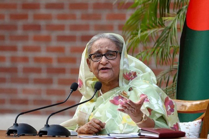 Sheikh Hasina, the newly elected Prime Minister of Bangladesh and Chairperson of Bangladesh Awami League, speaks during a meeting with foreign observers and journalists at the Prime Minister's residence in Dhaka, Bangladesh, January 8, 2024. Photo: REUTERS