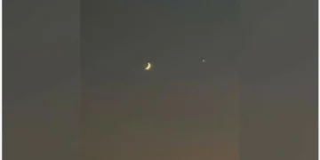 Crescent moon and Venus grace the evening sky over Sharjah